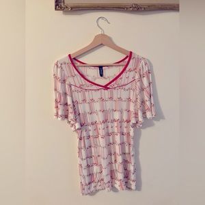 ONLY Vintage Y2K Red and White Flower Pattern Top with Flowy Sleeves Size Small